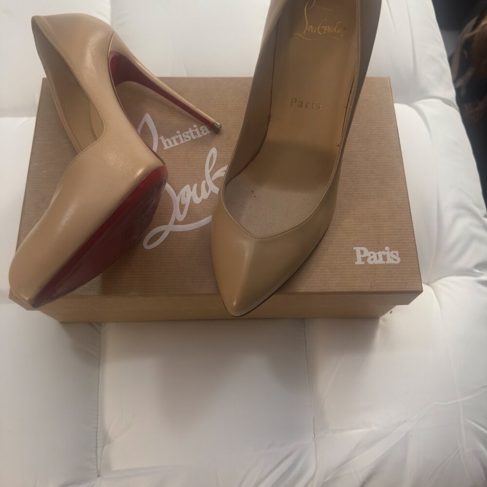 Christian Louboutin Nude Leather Pointed-Toe Pumps with Red Soles